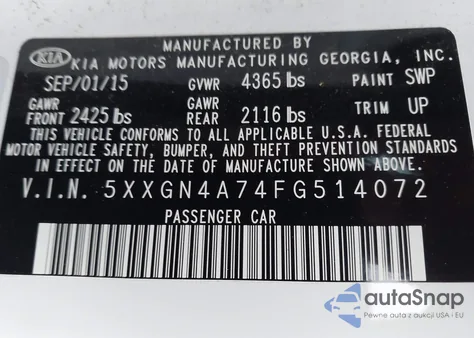 2015 Kia Optima Ex из США, поврежденный, VIN 5XXGN4A74FG514072